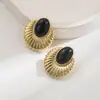 Pendientes de Moda He Ming Estilo Palacio Francés Patrón Geométrico Diamante Ovalado Ojo de Tigre Esmaltado Pendientes con Aguja de Plata S925