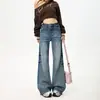 Jeans Feminino Longo Estilo Americano Resistente Elástico Caimento Solto Flare Perna Larga Amassado Bigode Confortável Boca de Sino