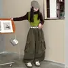 Calça Casual de Primavera e Outono para Meninas 2026 Nova Moda Estilo Coreano Bolso Grande Cargo Calça de Pernas Largas para Meninas Mais Velhas