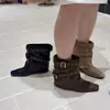 Botas ankle boot bootcut de bico quadrado retrô francesas para mulheres, nova coleção outono 2026, com sola macia, design interno que aumenta a altura e detalhes de fivela, botas estilo western