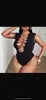 Body sexy vazado transpassado europeu e americano para mulheres, lingerie erótica de malha preta transparente, roupa justa para garota sexy, tamanhos grandes