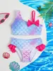 Traje de baño de dos piezas para niña, patrón de sirena degradado, tirante asimétrico, volantes, lazo, vacaciones en la playa