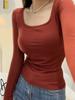 9913 # Camisa de Color Puro Cepillada con Cuello Cuadrado Cálido, Forrada de Polar, para Otoño e Invierno, con Almohadilla en el Pecho y Manga Larga para Mujer, con Camiseta Básica