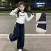 Conjunto de Camiseta de Manga Larga para Niñas, Nuevo Estilo de Otoño para Niños Mayores, Elegante Camiseta Básica de Manga Larga y Pantalones de Pierna Ancha, Conjunto de Dos Piezas para Niñas