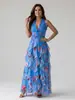 Vestido Sexy 2026 Verano Europeo y Americano Pasarela Nuevo Cuello Halter Estampado Floral Volante en Capas Irregular