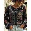 2026 Nova Camisa de Manga Longa para Halloween Rosa Aranha Gola Redonda Manga Longa Top Vintage Escuro Gótico Top