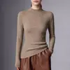 Top de punto base 100% imitación lana pura para mujer, con cuello semi alto, patrón de espiga, corte ajustado y mangas largas
