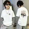 Camiseta de algodón 100% pura para niño, nueva de 2026, ropa infantil, imitación de dos piezas, manga larga, rayas, retazos, para primavera y otoño