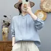 Camisa de manga larga de gasa de algodón de doble capa para mujer, encaje plisado artístico estilo francés, suave, agradable para la piel, transpirable, top de capa base