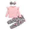 Fábrica de Origen Comercio Electrónico Transfronterizo Popular Camiseta Rosa de Manga Larga Pantalones Florales Set de Diadema Conjunto de Tres Piezas