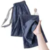 Pantalones de Verano Finos de Pierna Ancha a Rayas de Lino para Mujer de Edad Media 2026 Nuevos Pantalones Largos Casuales de Cintura Alta Rectos