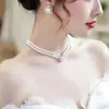 Pendientes Vintage Estilo Hong Kong Collar Vintage de Doble Capa con Perlas Collar para Mujer Lujo Ligero Nicho Joyería de Gama Alta Juego de Tres Piezas