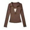 Camiseta Elegante Slim Fit Falsa de Duas Peças com Manga Longa para Mulheres, Patchwork Color Block e Gola Reversível, Nova Camisa Básica Emagrecedora de Outono