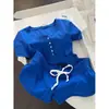 Pijama Shorts de Manga Curta Azul que Realça a Pele, Estilo Hot Girl para Mulheres, Novo Modelo de Verão 2026, Adequado para Sair, Conjunto Casual para Relaxar para Mulheres