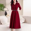 Vestido rojo de azufaifo con costuras de estilo coreano para mujer, otoño e invierno 2024, nuevo, reductor de cintura, camisa adelgazante, cuello, falda larga