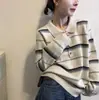 Suéter de tricô com gola polo listrada retrô para mulheres, novo estilo de outono, color-blocking, top casual e estiloso para mulheres A13741