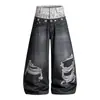 Jeans de Verão Masculino e Feminino com Cintura Dupla Lavado Rasgado Estilo Retrô Americano High Street Estampa 3D Modelagem Solta Perna Larga