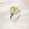 Yuebao Joyería Citrino Natural Plata de Ley S925 Vintage Corte Oval Flor de Rosa Estilo Europeo y Americano Anillo de Plata