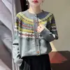 Nuevo cárdigan jacquard Fair Isle de otoño e invierno para mujer, cuello redondo, abotonado, engrosado, versátil, chaqueta de punto exterior