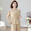 Nuevo Traje de Verano de Manga Corta Estilo Chino para Madres 2026 Nueva Moda Pantalones de Pierna Ancha Conjunto de Dos Piezas para Mujeres de Mediana Edad y Mayores
