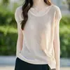 Camiseta de Punto de Lino Redonda Transfronteriza para Mujer Verano 2026 Nuevo Estilo Coreano Holgada Casual Irregular Adelgazante