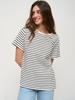 Camiseta Listrada Transfronteiriça Estilo Europeu e Americano Verão 2025 Novo Estilo Feminino Elegante para Trabalho Versátil Gola Redonda Listrada Preto e Branco Manga Curta