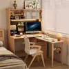 Escritorio Plegable de Madera Maciza para Esquina Estantería Integrada Pared de Libros para Dormitorio Escritorio de Estudio Plegable Giratorio en Forma de L para Computadora