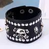 Pulseira Punk Simples e Criativa para Homens e Mulheres, Acessório Versátil, Pulseira Larga de Couro com Decoração de Caveira, Couro Genuíno