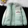 Jaqueta de Algodão Tendência Outono e Inverno Nova Veludo Cotelê Color Block Gola Alta Roupa de Casal Casaco de Algodão Quente à Prova de Vento Masculino