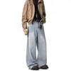 Jeans para Hombre Lavados Vintage Versátiles de Moda Estilo Ins Sueltos de Pierna Ancha Rectos Pantalones Largos Casuales Simples para el Trabajo