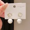 Pendientes de Flor de Nácar con Circonita, Estilo Lujo Ligero, Aguja de Plata Electrochapada en Oro Real de 14K, Pendientes de Dos Vías para Mujer