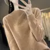 Suéter base de punto 100% lana sin costuras de una sola pieza estilo coreano con cuello semi-alto hueco, color liso, nuevo para otoño e invierno, para mujer