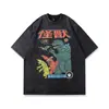 Camiseta Vintage de Manga Curta Lavada Estilo Europeu e Americano Streetwear Estampa de Desenho Animado para Homens, Camiseta Hip-Hop de Manga Três Quartos com uma Vibe Elegante