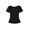 Top Básico Europeo y Americano de Cuello en U Grande de Manga Corta para Mujer Color Sólido Simple Elástico Ajustado Color Sólido Base Camiseta Reloj de Arena para Verano