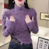 Camiseta de manga larga cepillada con cuello alto y medio hueco de malla para otoño e invierno, artículos europeos, para mujer