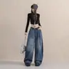Jeans de estructura de panel retro americano, nuevos pantalones casuales de pierna ancha suelta de alta calle con curva, admite envío directo