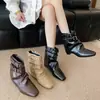 Botines estilo Martin cortos de cuero suave para mujer, con aumento interno de altura, hebilla de cinturón versátil, botas western plisadas F918-2