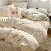 Nanjiren Gatito Algodón Lavado Artesanía Hogar Juego de Cuatro Piezas Lindo Dormitorio Sábana y Funda de Edredón Individual Juego de Tres Piezas