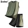 Camiseta sin mangas de seda de hielo para hombre, verano, fina, secado rápido, manga corta, pantalones cortos, conjunto de dos piezas de chaleco deportivo de secado rápido para fitness