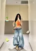 Jeans Americanos Retro Desgastados Estilo Chica Caliente para Mujer, Pantalones Sueltos de Pierna Ancha Adelgazantes de Cintura Alta para Otoño e Invierno, Largo hasta el Suelo