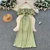 Vestido Longo Plissado Elegante com Amarração e Babados em um Ombro Estilo Francês para Mulheres, Verão, Cintura Marcada, Emagrecimento, Estilo de Férias