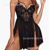 Comercio Exterior Estilo Europeo y Americano Lencería Sexy para Mujer, Camisola de Malla con Encaje Patchwork y Abertura, Encantador Vestido Largo Bata de Noche al por Mayor
