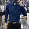 Camisa casual de alta gama, sin arrugas, con botones de presión para hombre, estilo nuevo, manga larga, corte ajustado, moldeadora, elástica, para negocios, suave como la seda, camisa sin costuras