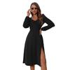 Comercio Exterior Transfronterizo 2026 Vestido de Manga Larga con Abertura y Cuello en V de Nuevo Estilo para Mujer Europea y Americana, Vestido Elegante de Oficina de Corte Slim de Largo Medio