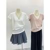 Camiseta Lila Estilo Coreano Cuello en V Suave Copo de Nieve Lino Algodón para Mujer Holgada Manga Corta Verano Elegante Versátil Top Camiseta Básica