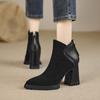 Sapatos Femininos Artesanais 2026 Outono e Inverno Novos Moda Retrô Costura Salto Bloco Botas Curtas Femininas Zíper Traseiro Botas de Salto Alto Bico Fino