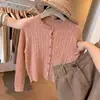 Estilo suave estilo coreano rosa vazado de malha com mangas compridas cardigã feminino início do outono único bonito casaco curto estilo absolutamente deslumbrante suéter