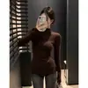 Camisa básica de veludo dupla face, justa, gola semi-alta, para mulheres, outono e inverno, disfarça gordura corporal, emagrecimento, design único, camiseta de fenda nicho