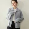 Suéter Cardigan de Veludo com Zíper Centenas de Cores Casaco Gola Outono Inverno Feminino Novo Tricô Duplo Solto Cachemir Curto Cor Sólida