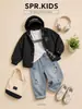 Conjunto de atuendo de otoño estilo coreano para niños: Chamarra con capucha combinada con jeans, conjunto de dos piezas simple y versátil para niños